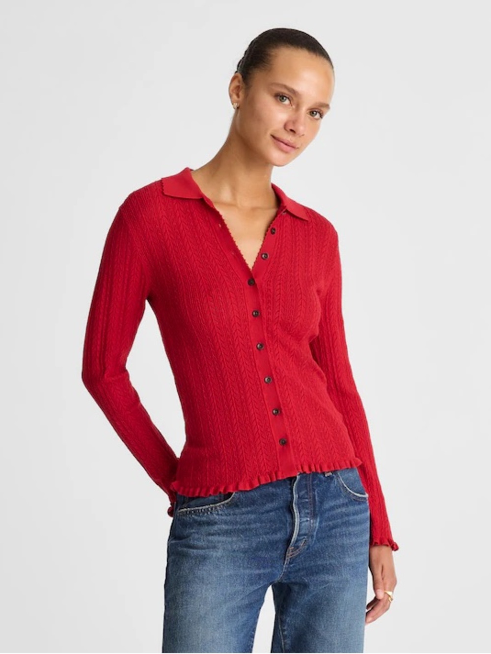 Madewell women’s Ruffle-Trim Pointelle Cardigan sweater red Size L NWT